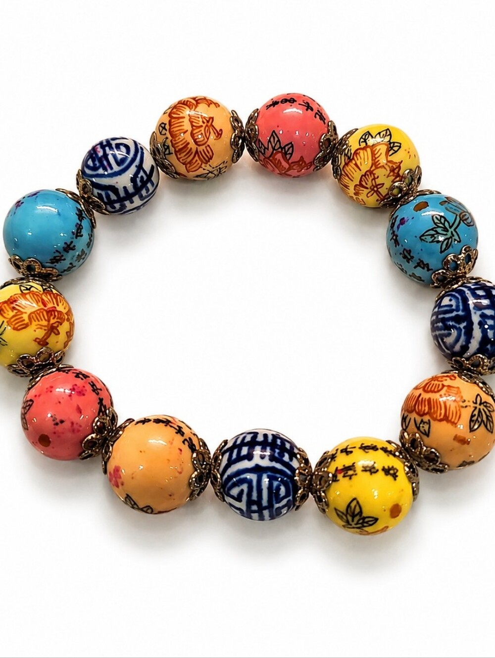 Vintage Hand-Painted Porcelain Bead Stretch Bracelet – Perfect for Layering